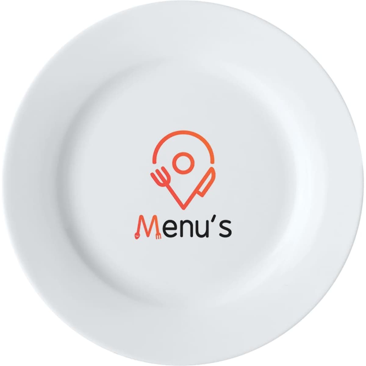 A white rim side plate measuring 19cm with a logo featuring a fork and knife design in orange and black.