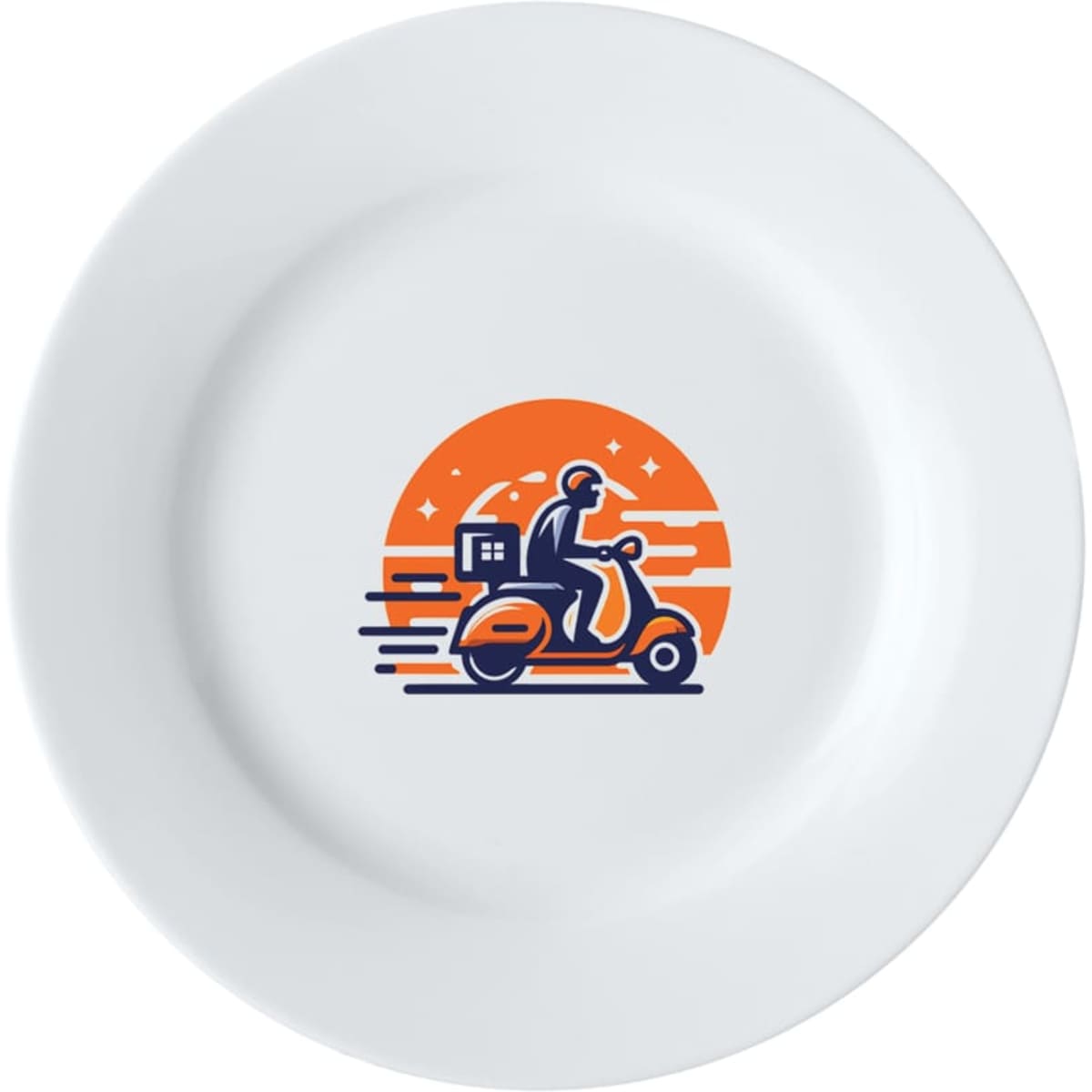 A white 23cm entree plate featuring a vibrant illustration of a scooter rider against a sunset backdrop.