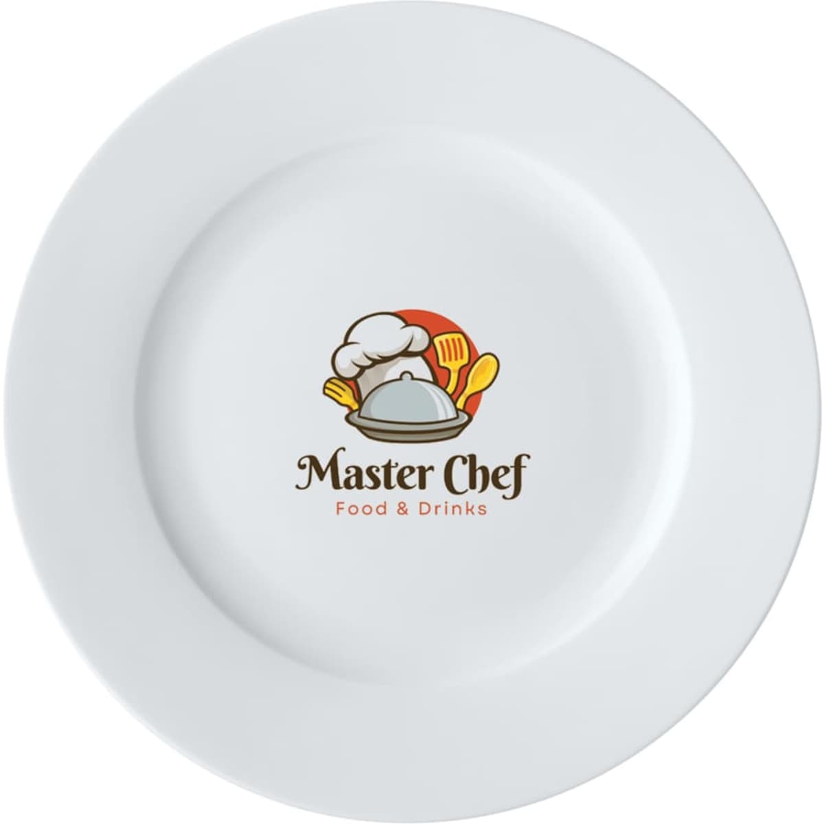 A white dinner plate, 27.5cm in diameter, featuring a logo in the centre with cooking utensils and a chef's hat.