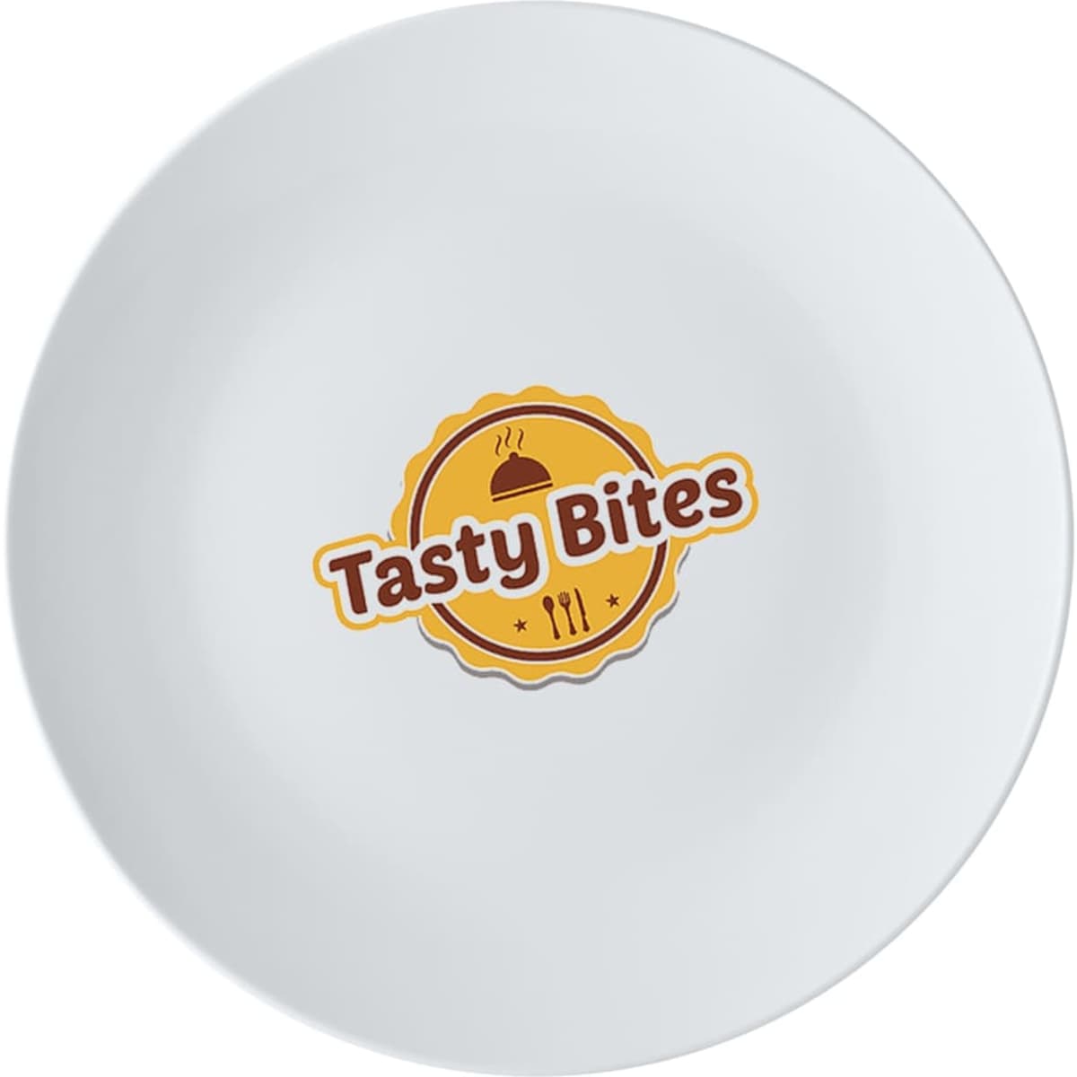 A white coupe side plate measuring 19cm, featuring a logo in the centre.