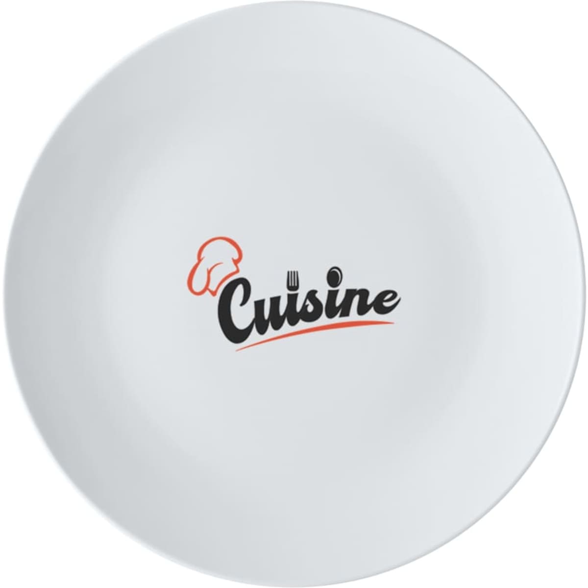 A white coupe entree plate, 23cm in diameter, featuring a logo design in the centre.
