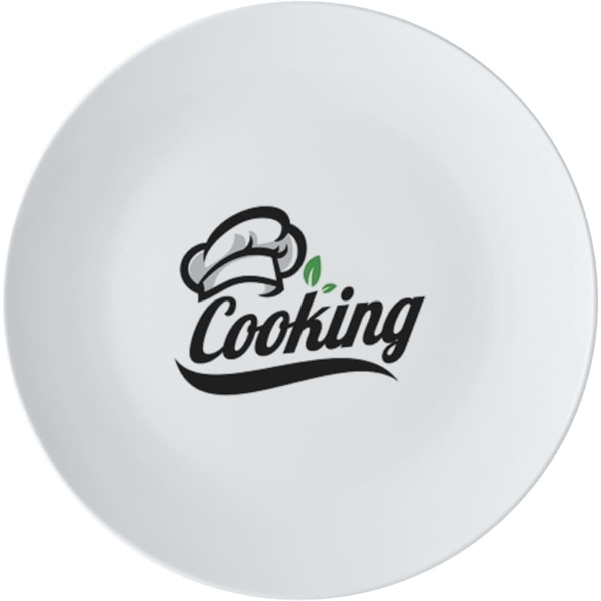 A white coupe dinner plate with a black logo featuring a chef's hat and the word "Cooking."