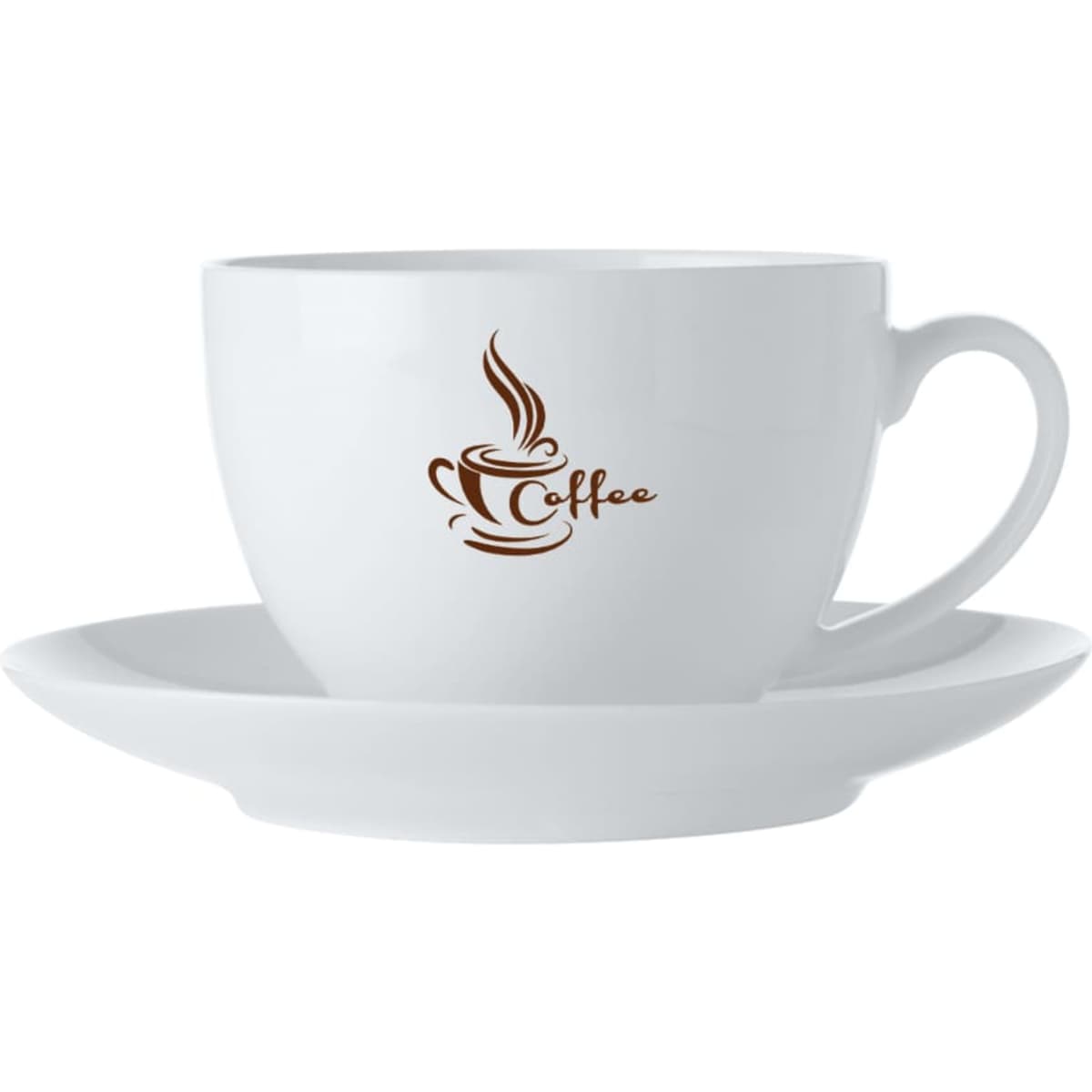 A white coffee cup with a matching saucer, featuring a simple logo design on the cup.