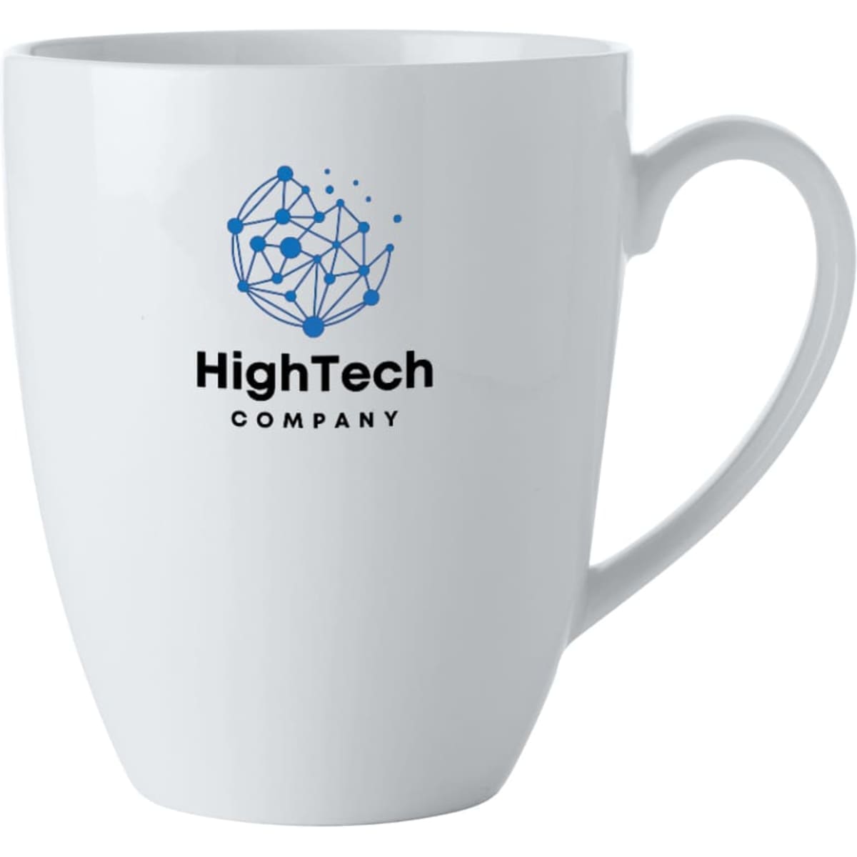 A white mug with a curved shape, featuring a branded logo in blue and black. Holds 390ml.