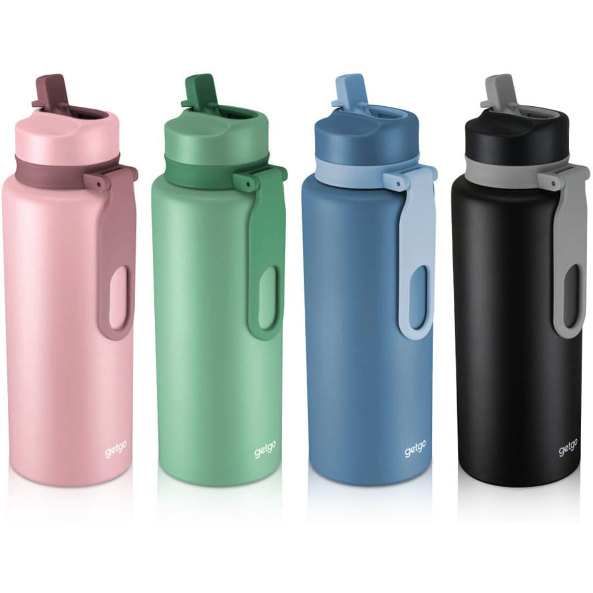 A drink bottle set featuring four colours: pink, green, blue, and black, each with a flip-top lid and a logo.