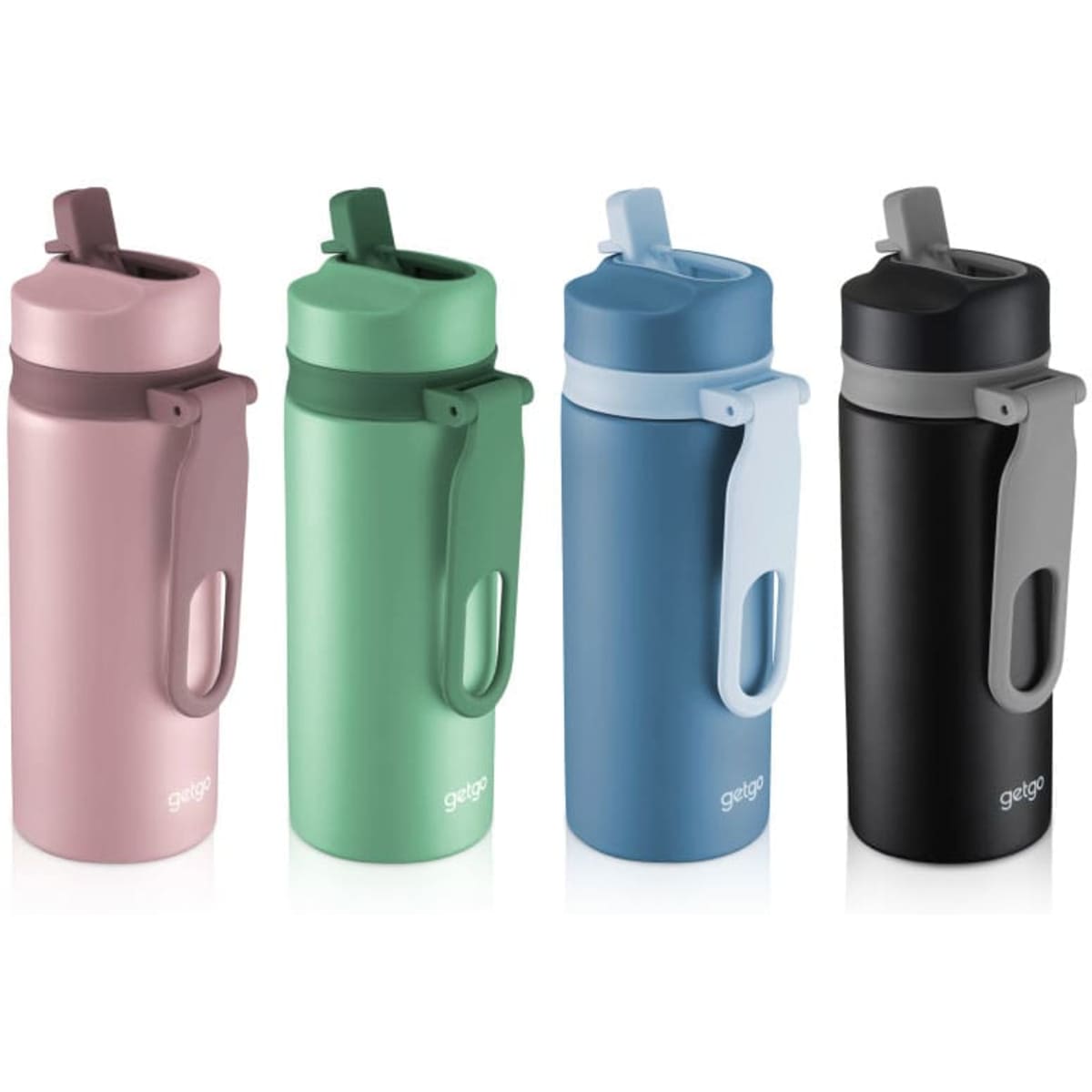 A drink bottle featuring four colours: pink, green, blue, and black, with a logo and a flip-top spout design.