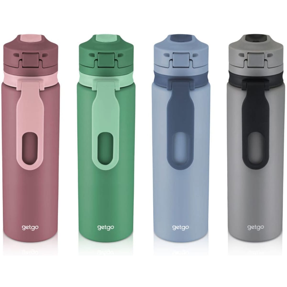 A drink bottle collection featuring pink, green, blue, and grey double wall designs, each with a logo.