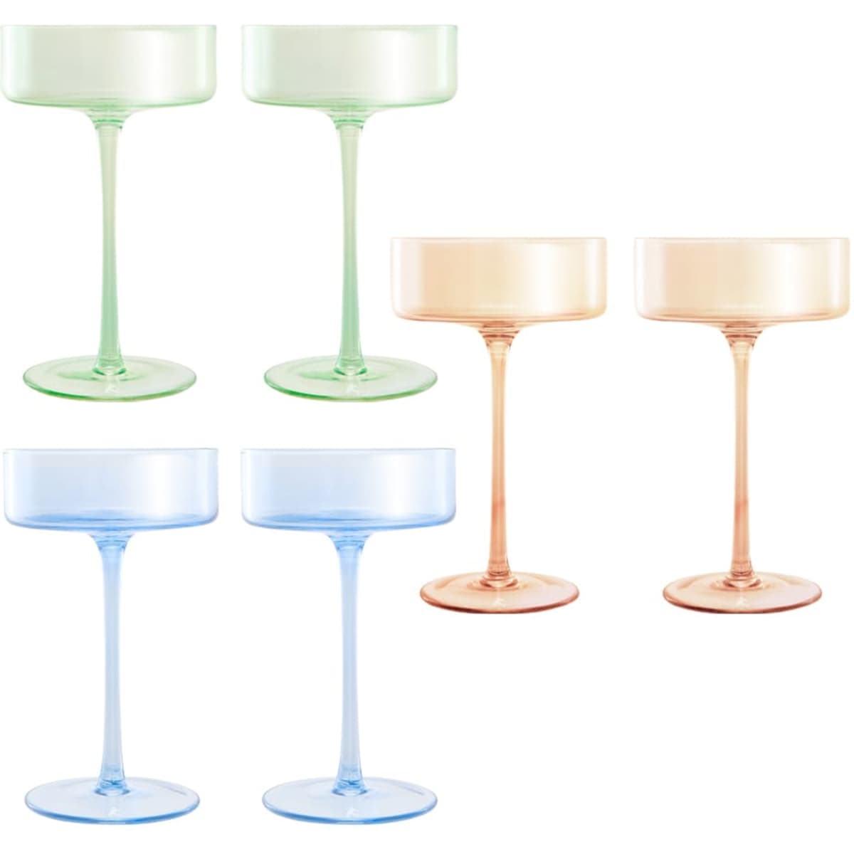 A set of six cocktail glasses in pastel colours: green, blue, and peach, packaged in a gift box.