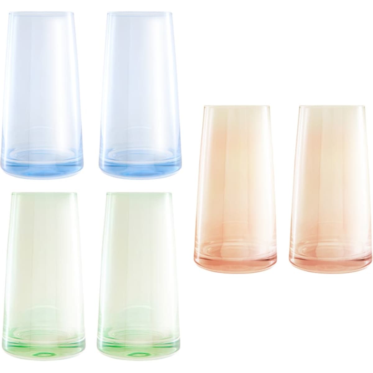 A set of two highball glasses in blue, green, and gradient shades of peach, gift boxed for presentation.