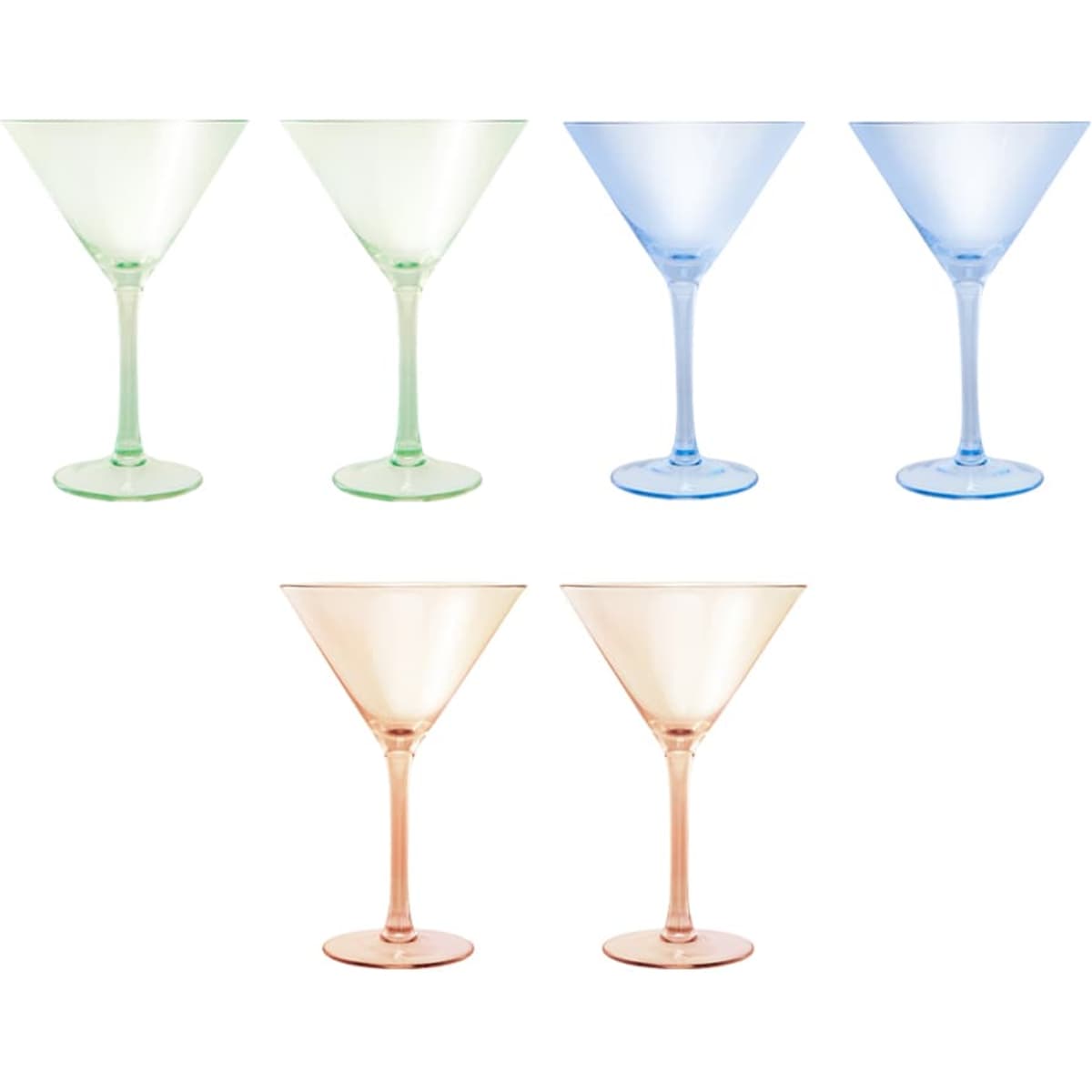 A set of two glamour martini glasses in peach, alongside two blue and two green glasses, all gift boxed.