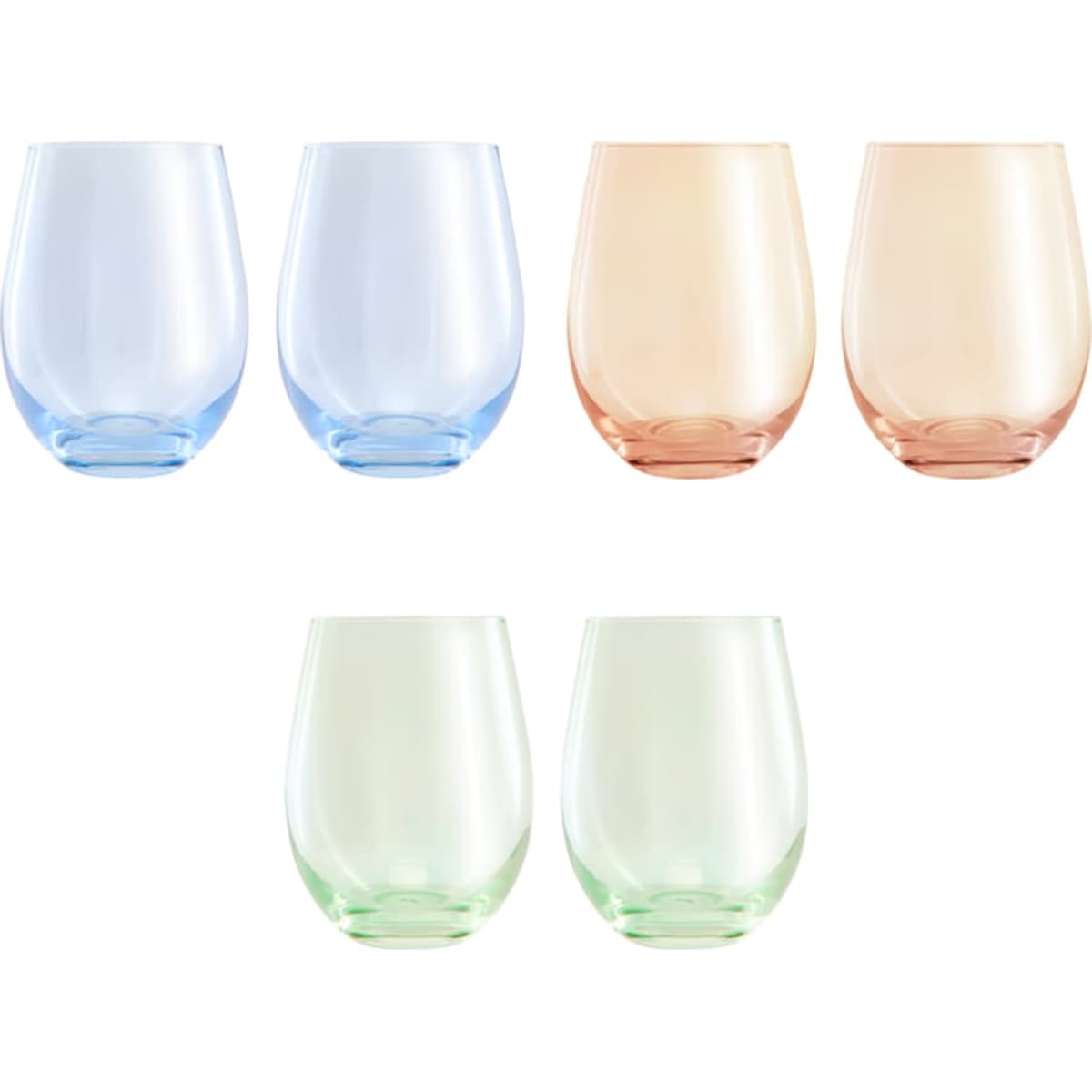 A set of two stemless wine glasses in blue, peach, and green hues, presented in a gift box.