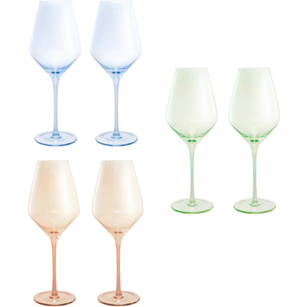 A set of two wine glasses in blue, green, and peach colours, presented in a gift box.