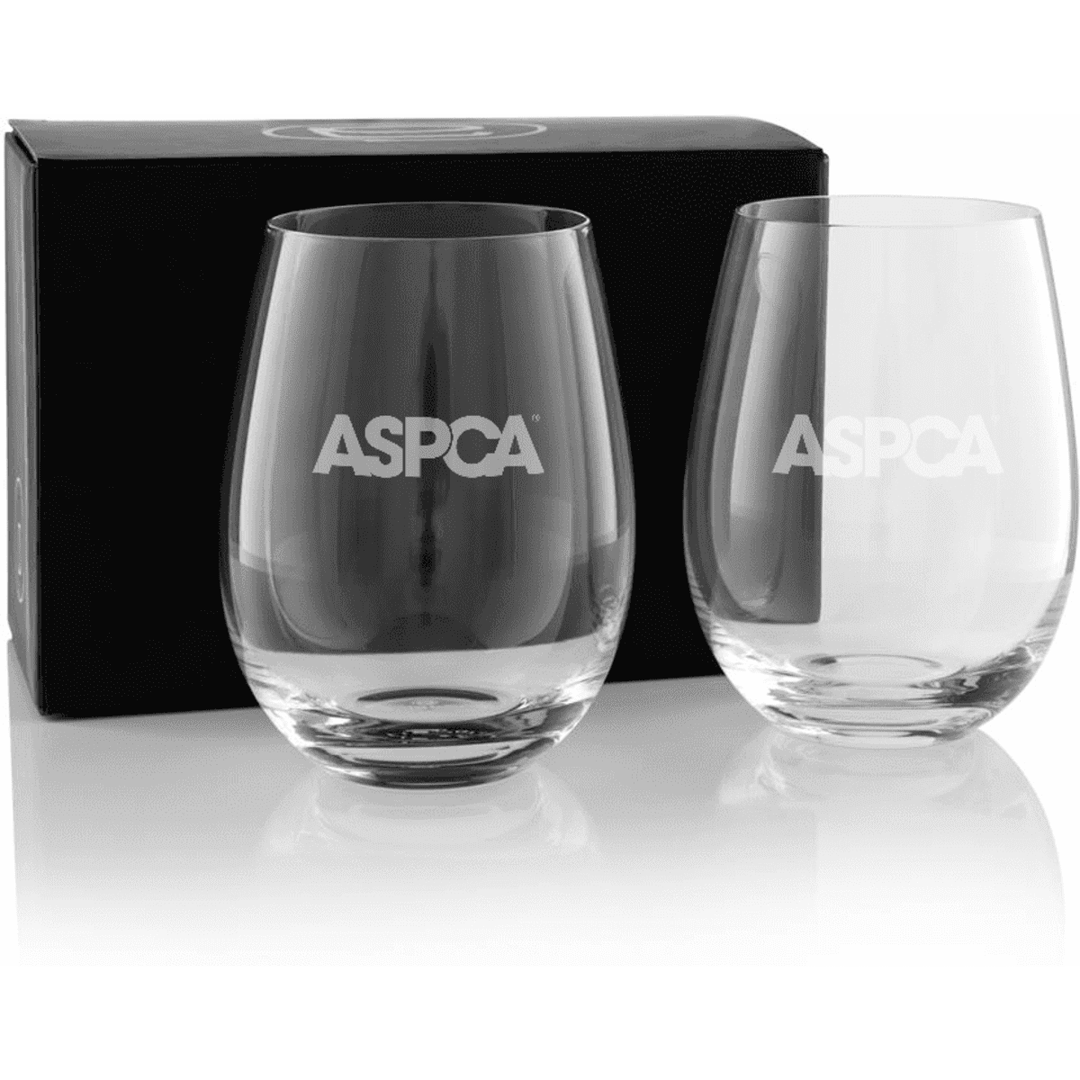 A twin pack of stemless wine glasses, clear with a branding logo, presented in a black box.