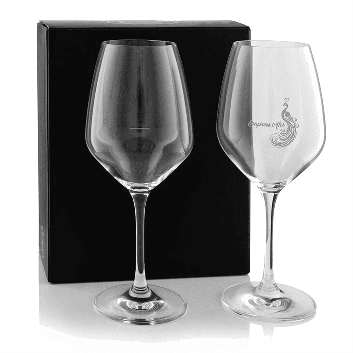A twin pack of elegant wine glasses in clear glass, presented in a black box. One glass features a logo.
