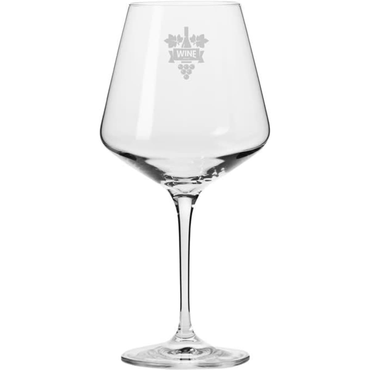 A wine glass featuring a classic design with a slender stem and a wide bowl, clear in colour, and has a logo.