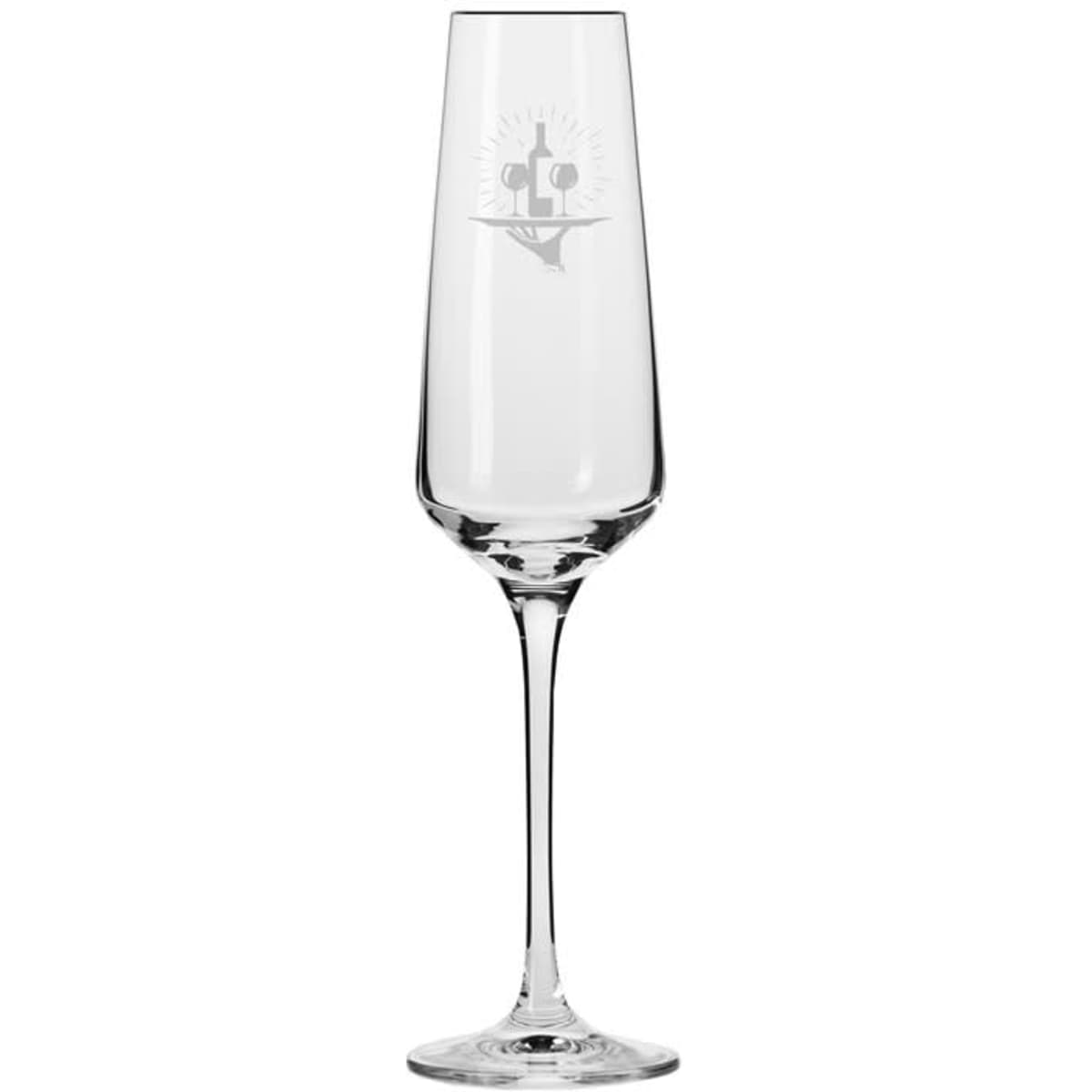 A champagne flute in clear glass with a slender design and etched detailing, showcasing elegant craftsmanship.