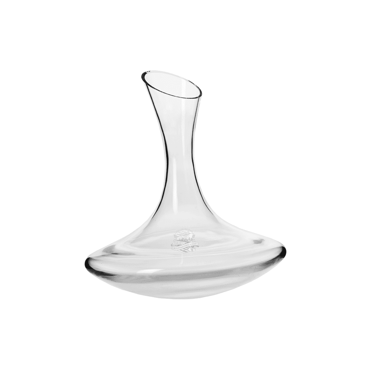A glass wine carafe with an elegant, curvy design, featuring a clear finish and a logo.