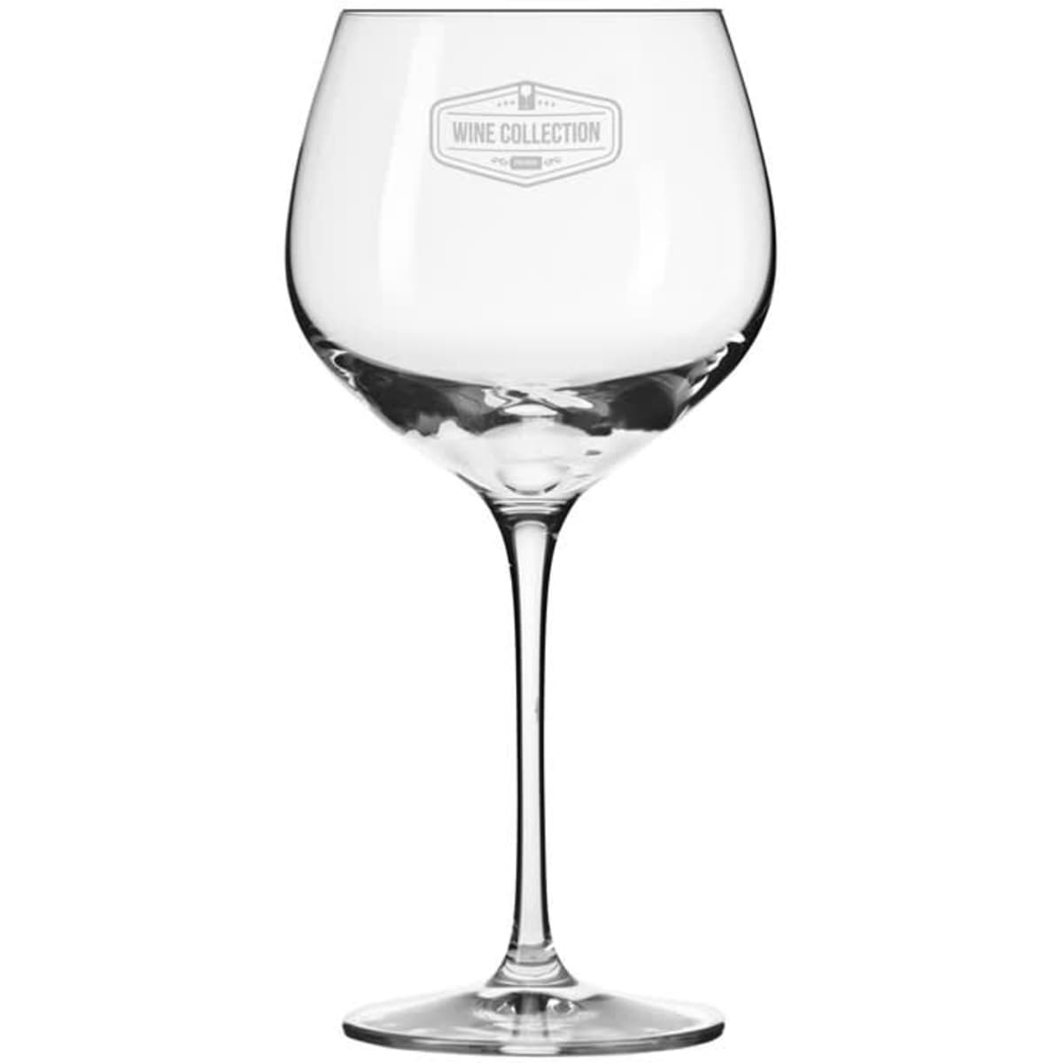 A clear wine glass with a wide bowl and slender stem, featuring a logo on the side.