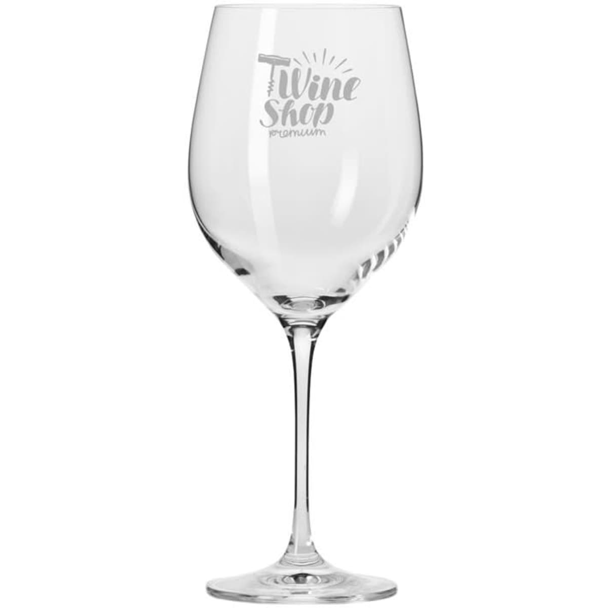 A clear glass wine glass with a tall stem and a logo on one side.