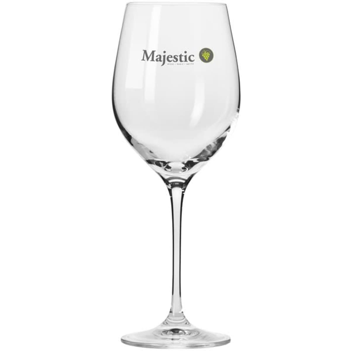 A wine glass in clear glass, featuring a logo, with an elegant stem and a wide bowl for enhanced aroma.