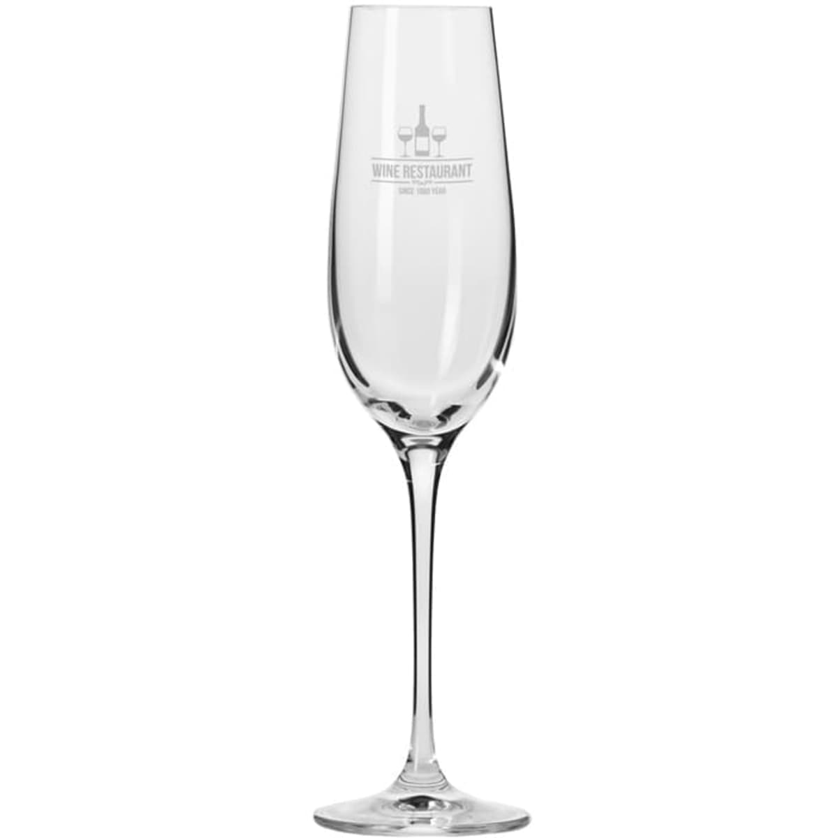 A clear glass champagne flute with a slender stem and a rounded bowl, featuring a logo.
