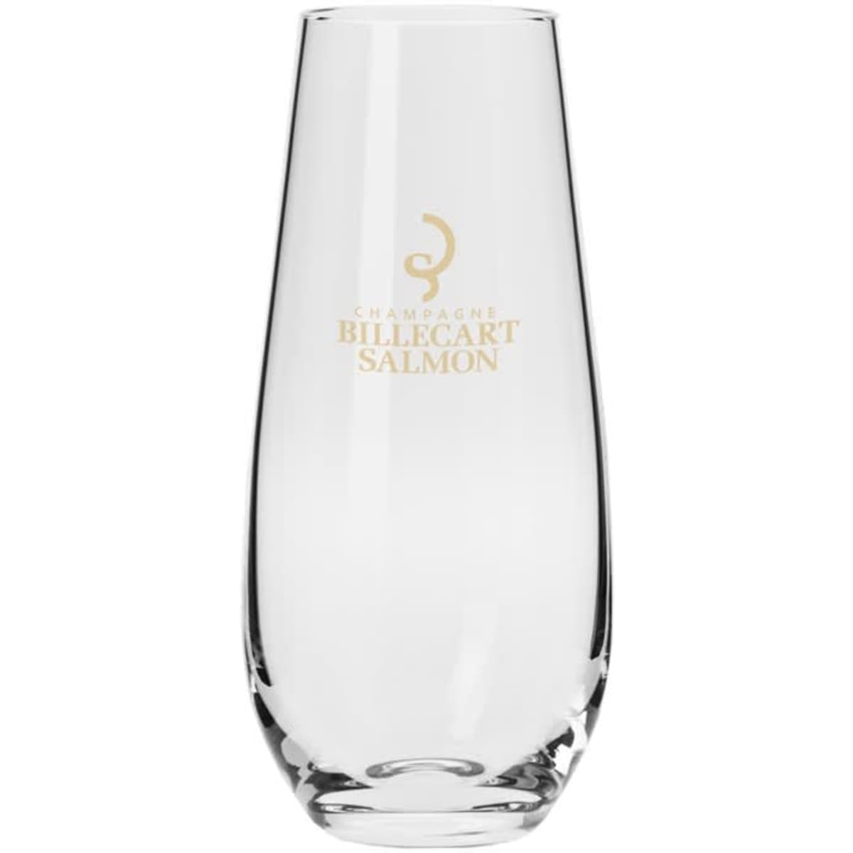 A clear glass stemless flute with a gold logo, designed for champagne. Features a sleek, modern shape.