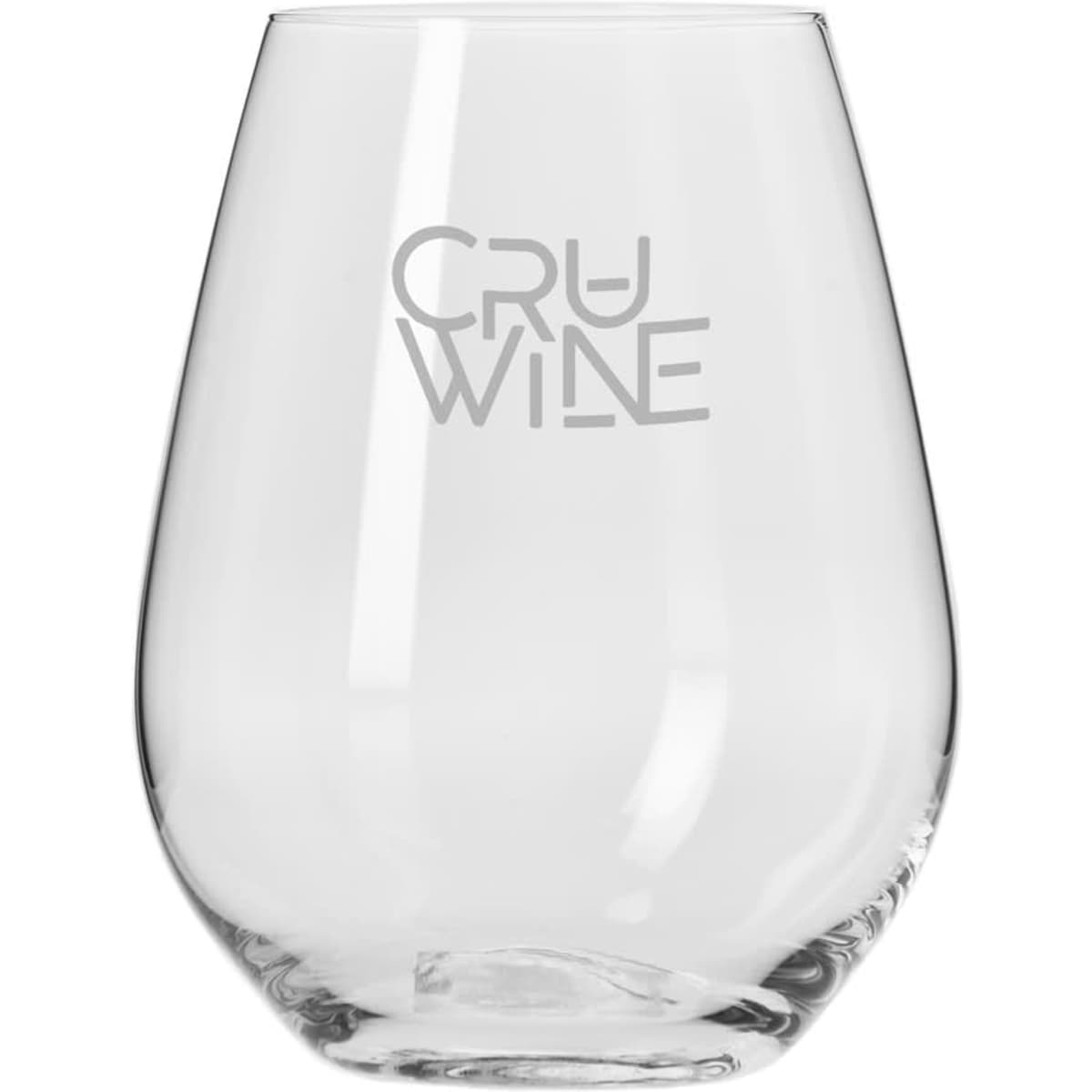 A clear glass stemless wine glass with a curved shape, featuring a logo. Ideal for wine enjoyment.
