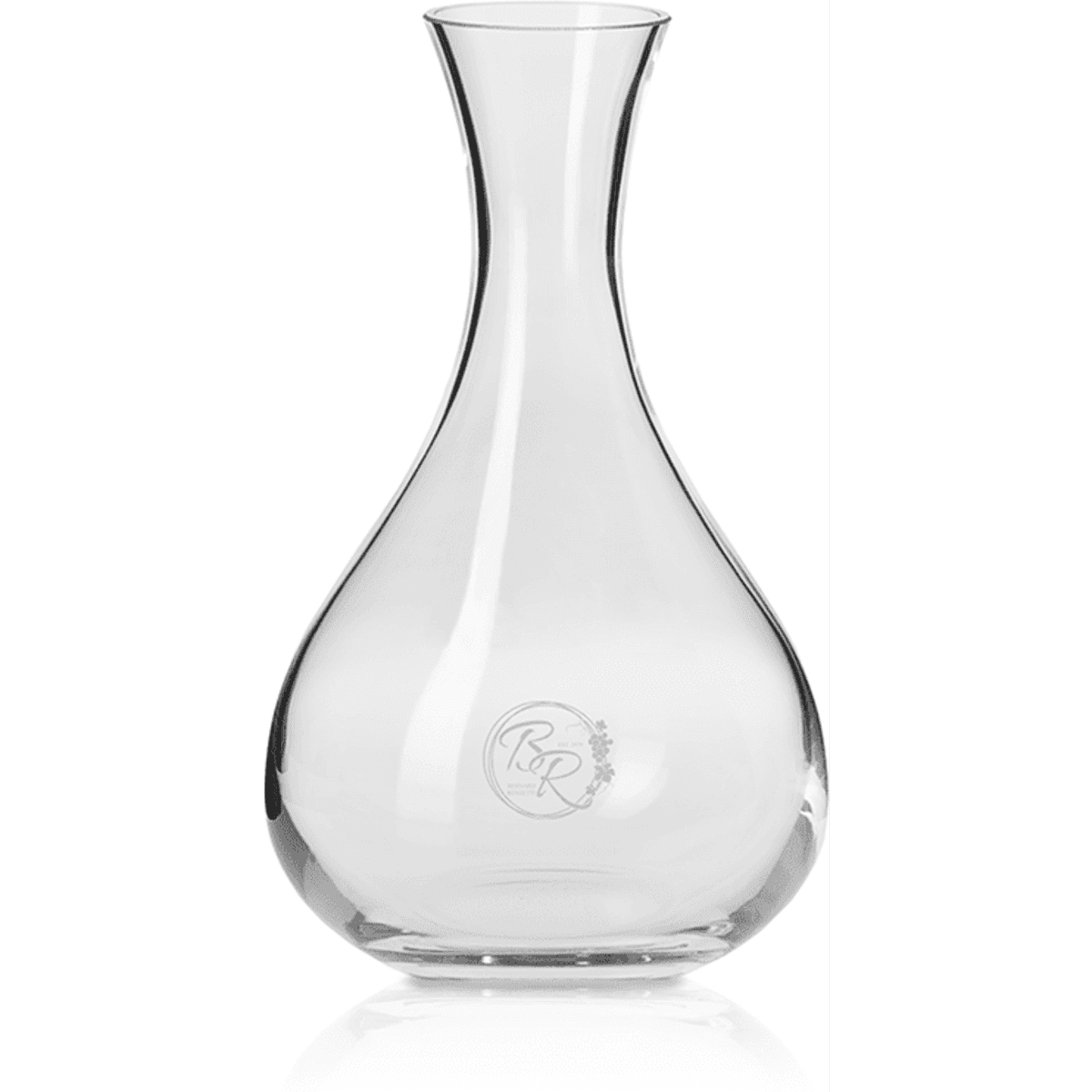 A glass carafe with a sleek design, featuring a logo and a clear finish. Ideal for serving wine.