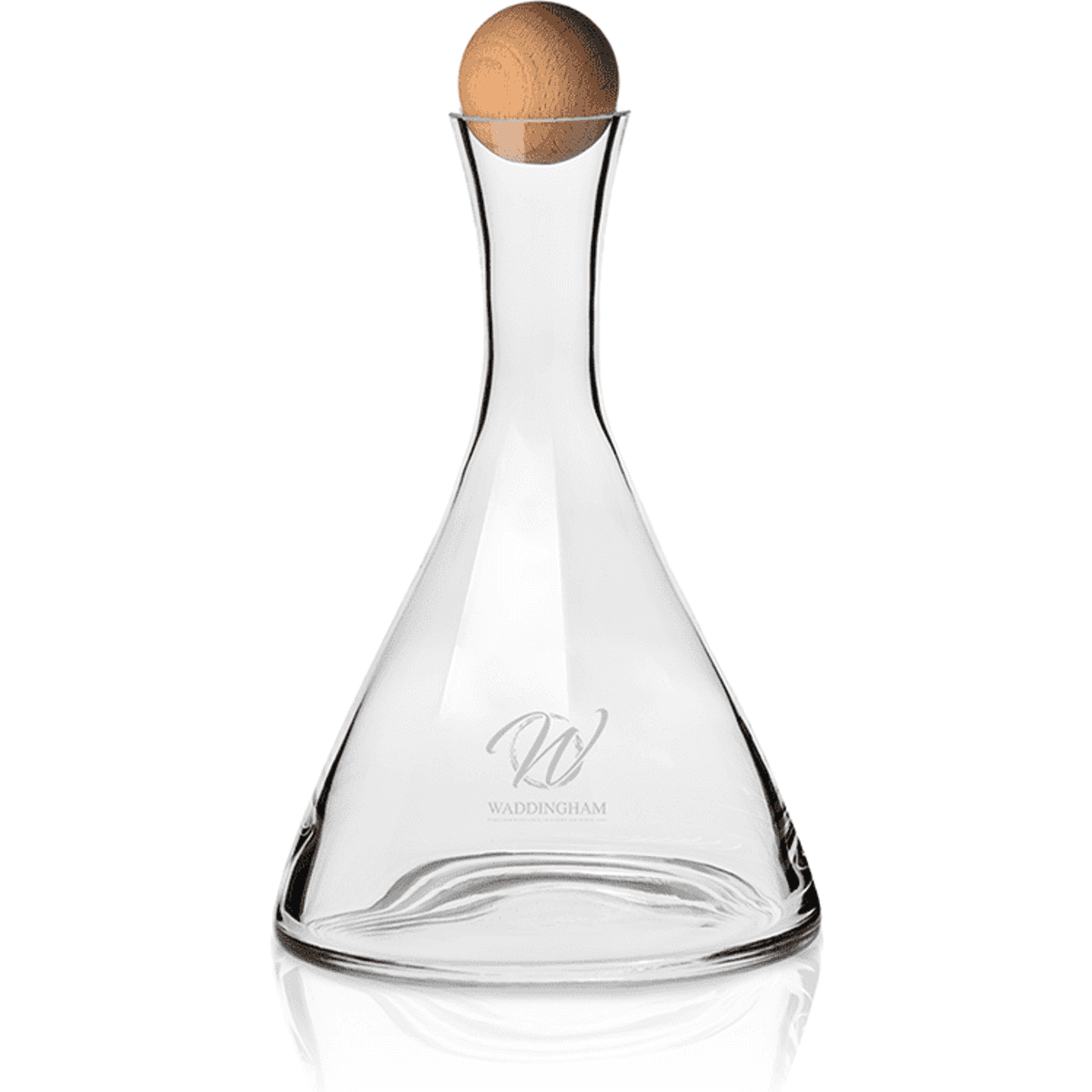 A glass wine decanter with a clear finish and a beechwood stopper, featuring a logo on its body.