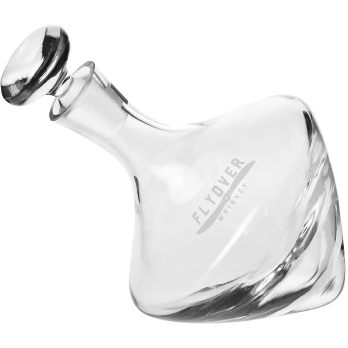 A drink bottle with a unique twisted design, made of clear glass and featuring a round stopper.