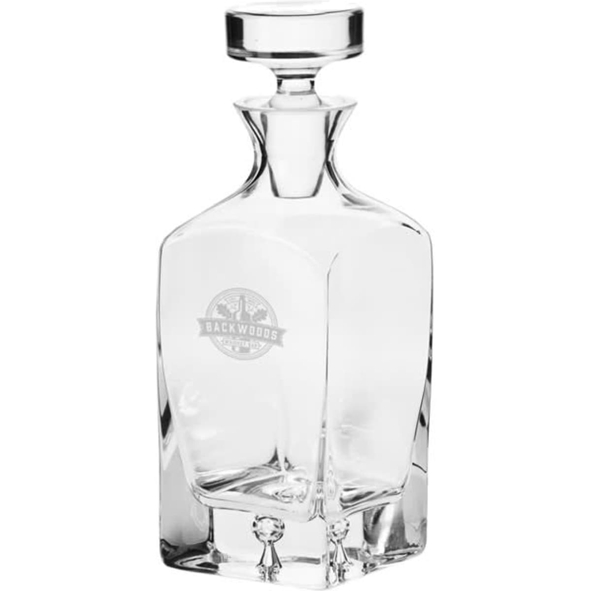 A drink bottle featuring a clear glass design, with a square base and a round stopper. Includes a branding logo.