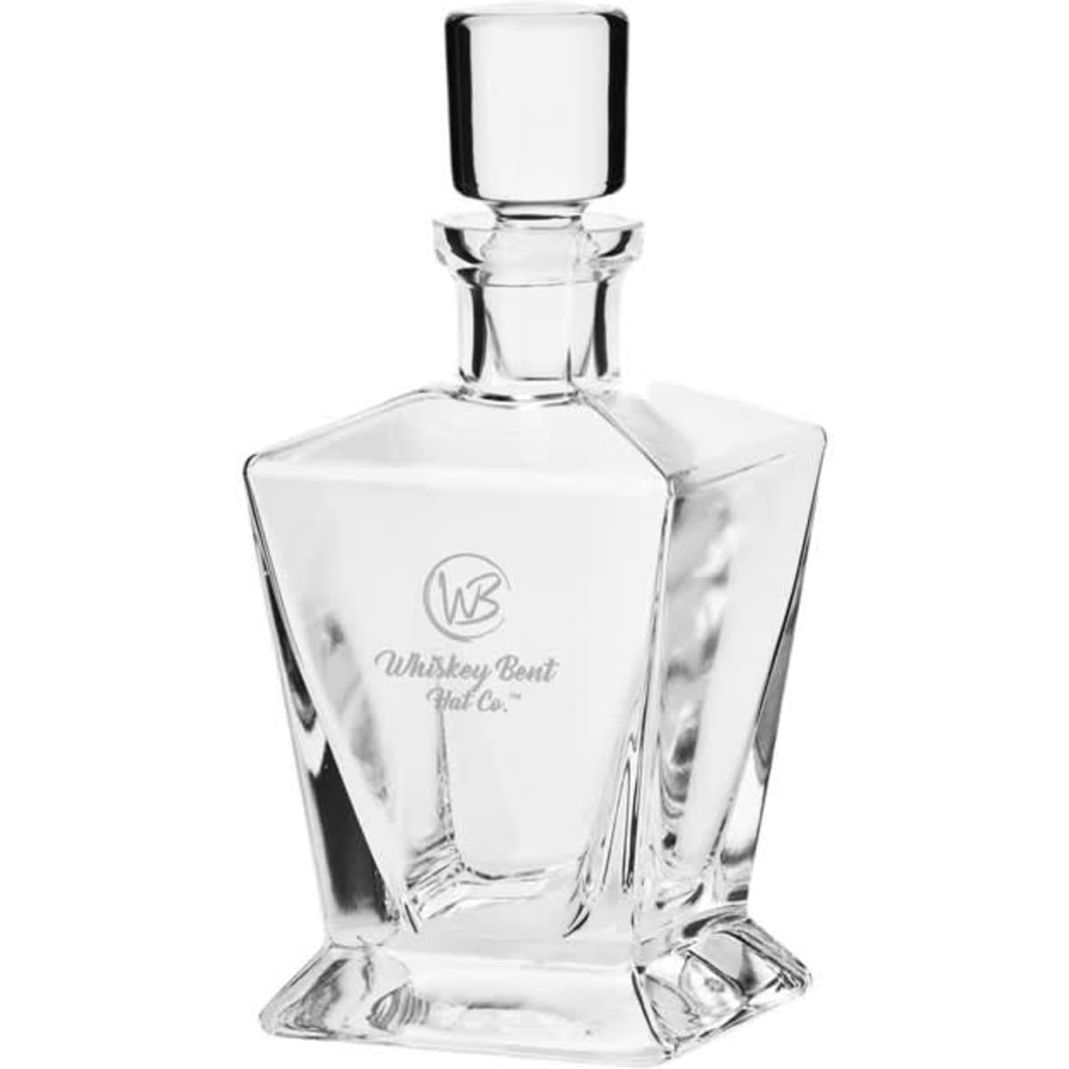 A drink bottle in a clear, geometric glass design featuring a round stopper and a logo.