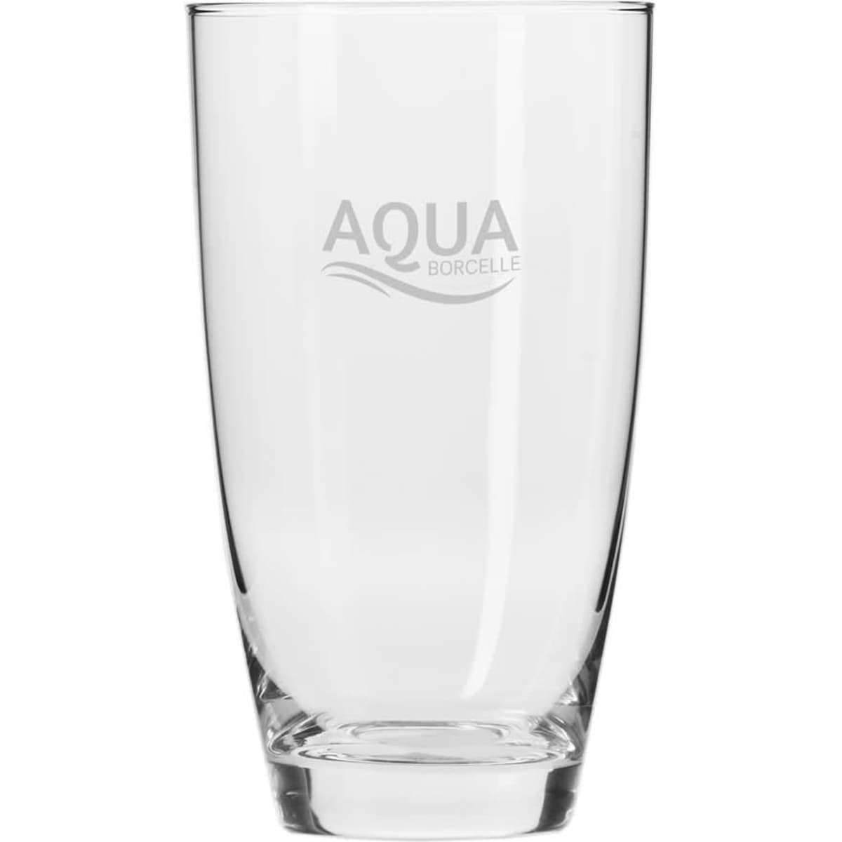 A clear glass highball tumbler featuring a subtle branding logo. Simple and elegant design.