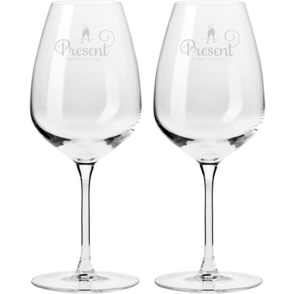 Two clear, elegant wine glasses in a gift box, featuring delicate engraving and showcasing a classic stem design.