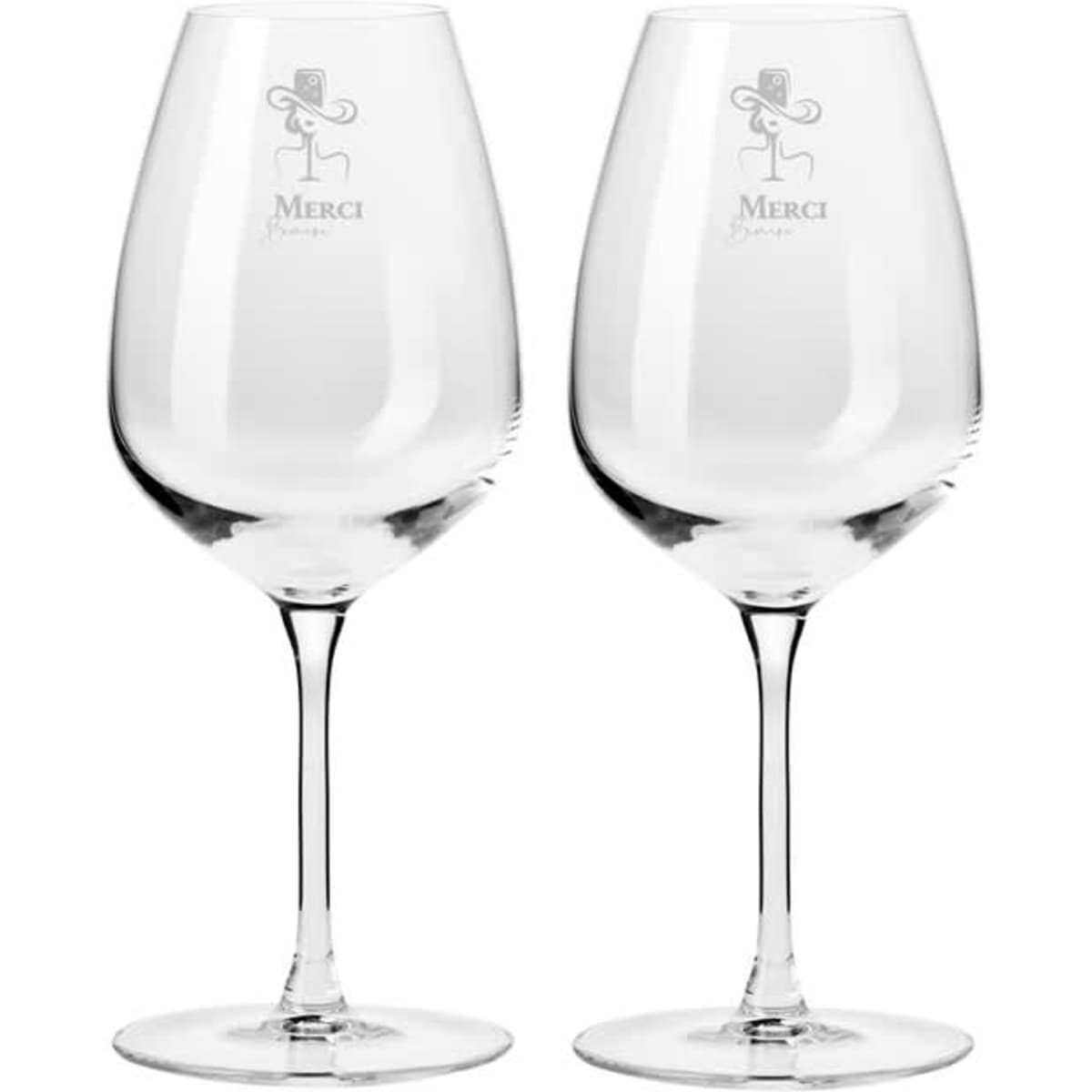 A set of two clear glass wine glasses, elegantly shaped with tall stems, featuring a logo on one glass.