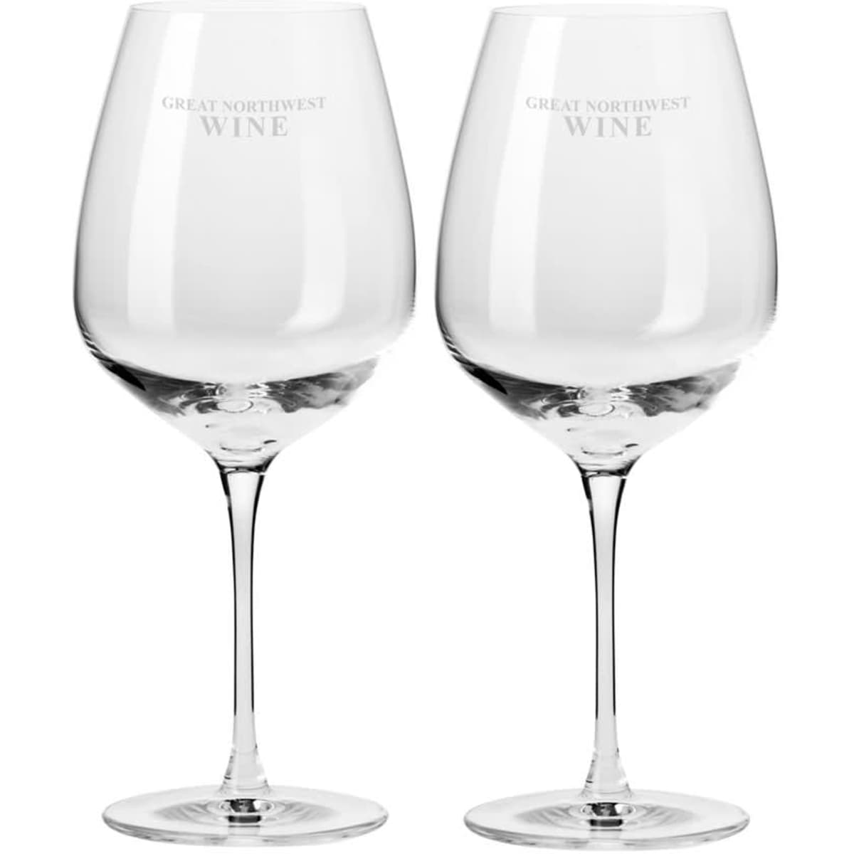 A set of two clear wine glasses with tall stems, featuring a logo engraved on the sides. Gift boxed.