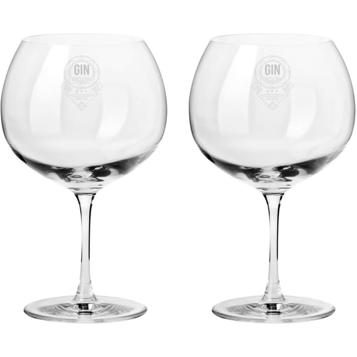 A set of two clear glass gin balloon glasses in a gift box, featuring a logo on each glass.