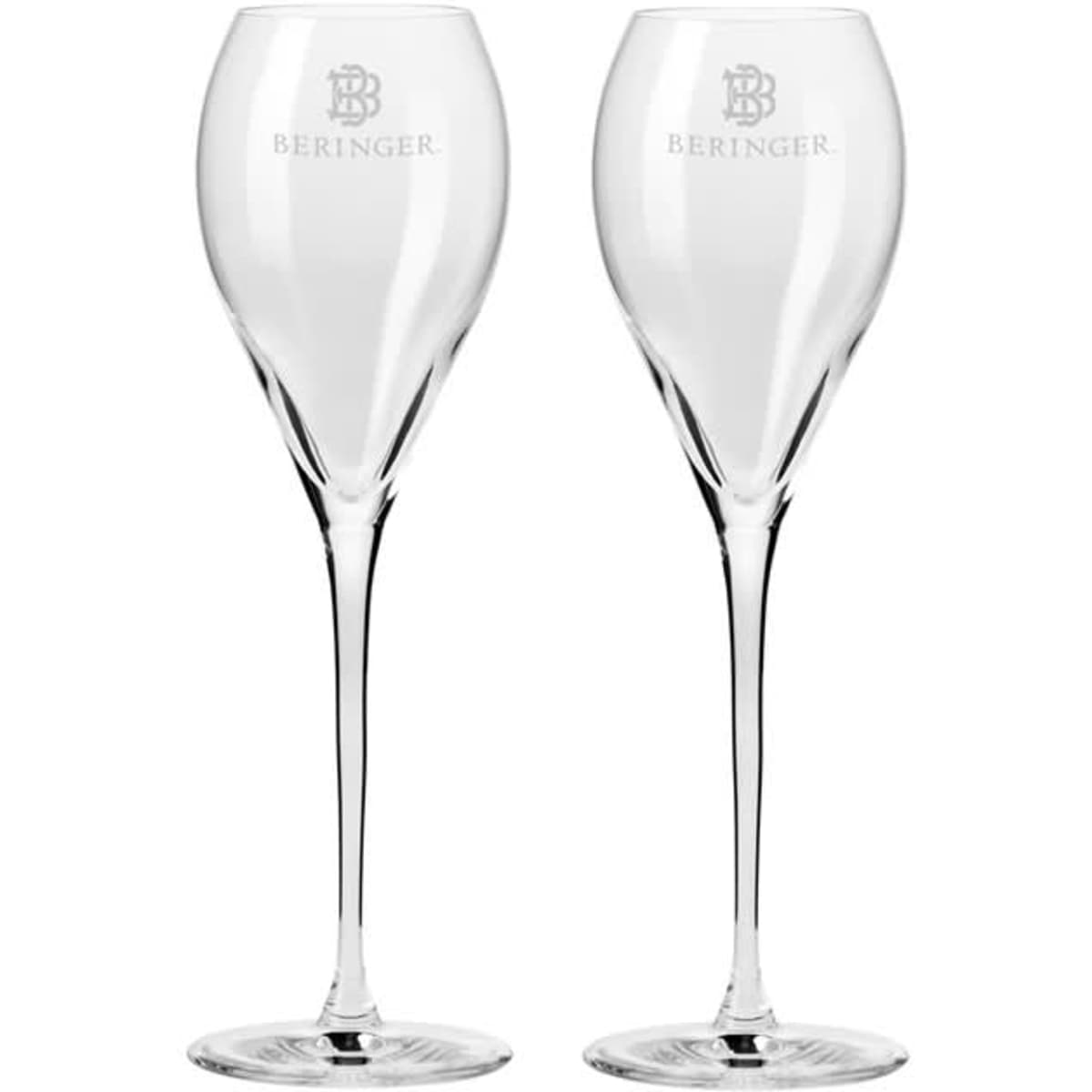 A set of two clear glass flutes with etched branding, featuring elegant stems and a sleek design.
