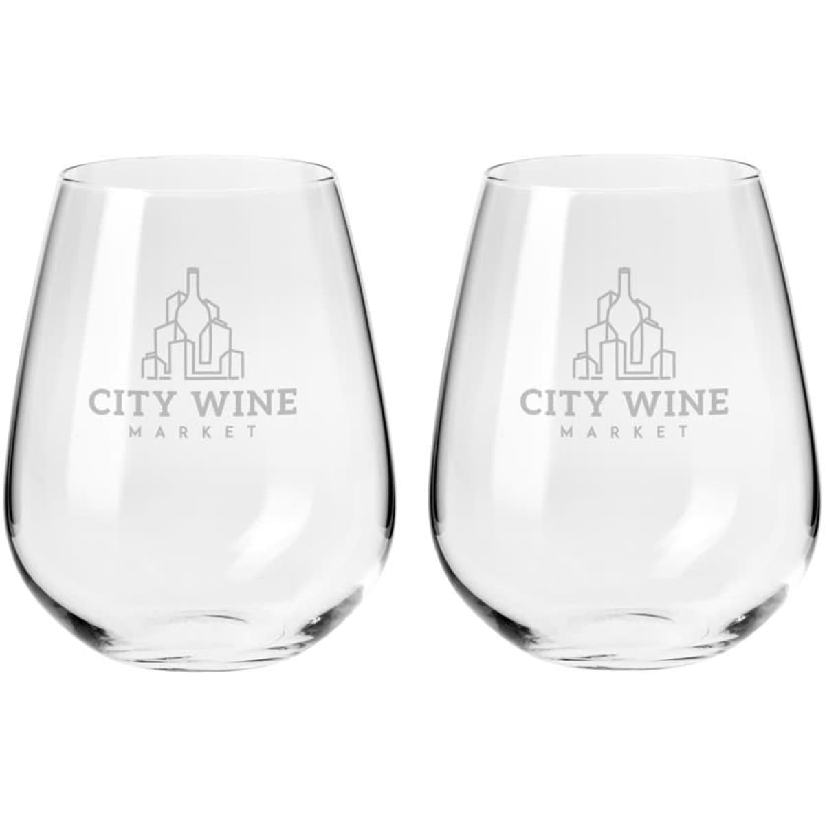 A set of two clear stemless wine glasses, each featuring a simple logo on the front.