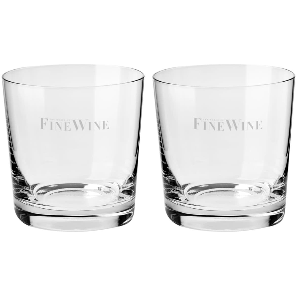 Two clear crystal whisky glasses, featuring an embossed logo, presented in a gift box.