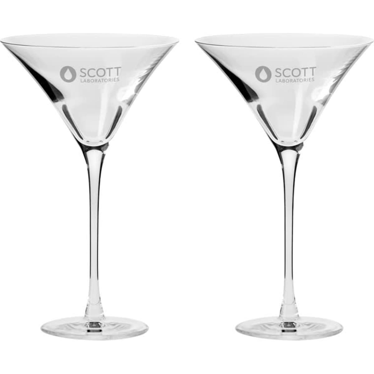 Two elegant clear martini glasses with a distinctive shape, arranged side by side, featuring a branding logo.