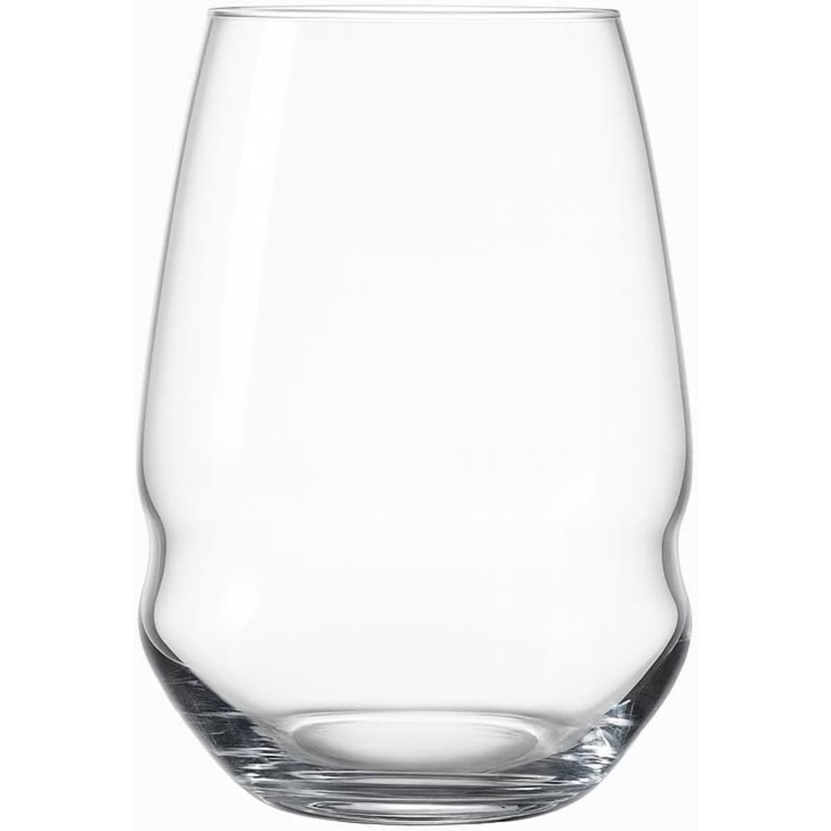 A highball glass with a curved design, clear glass, featuring a solid base. Part of a set of six gift boxed glasses.