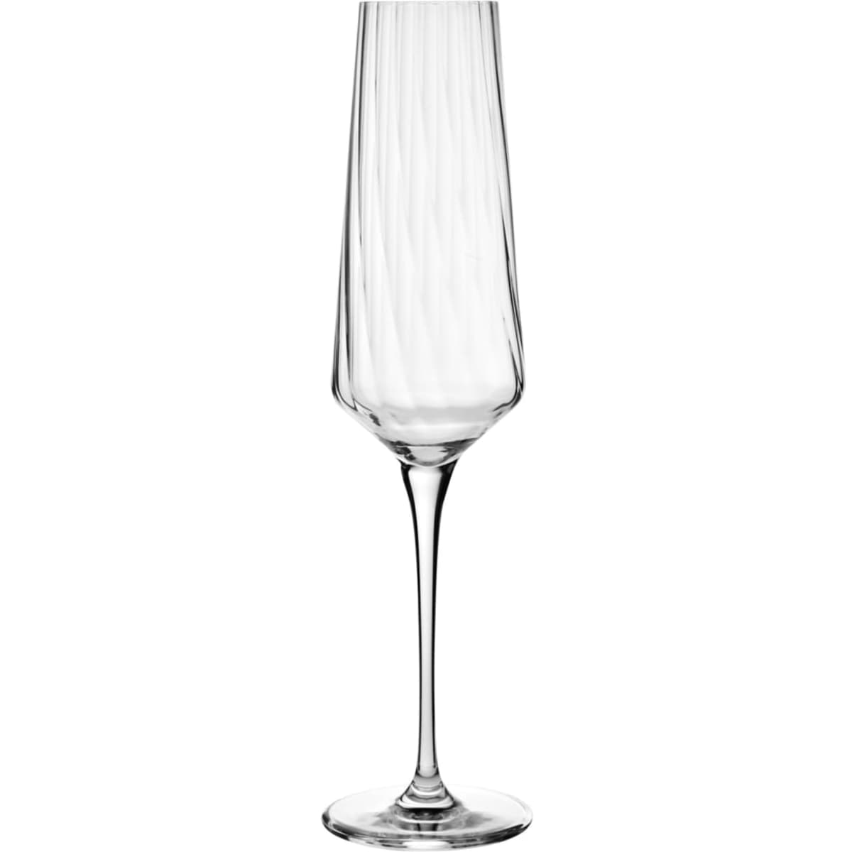 A set of six clear, elegant flute glasses with a twisted design, presented in a stylish gift box.