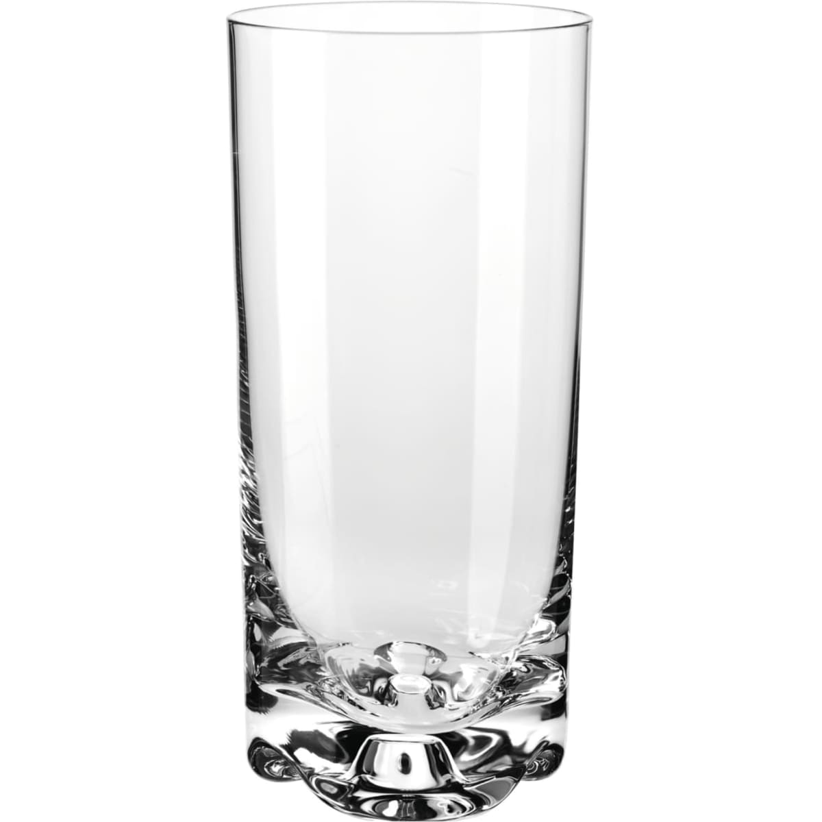 A clear highball glass with a sturdy base, part of a set of six, features a sleek and elegant design.