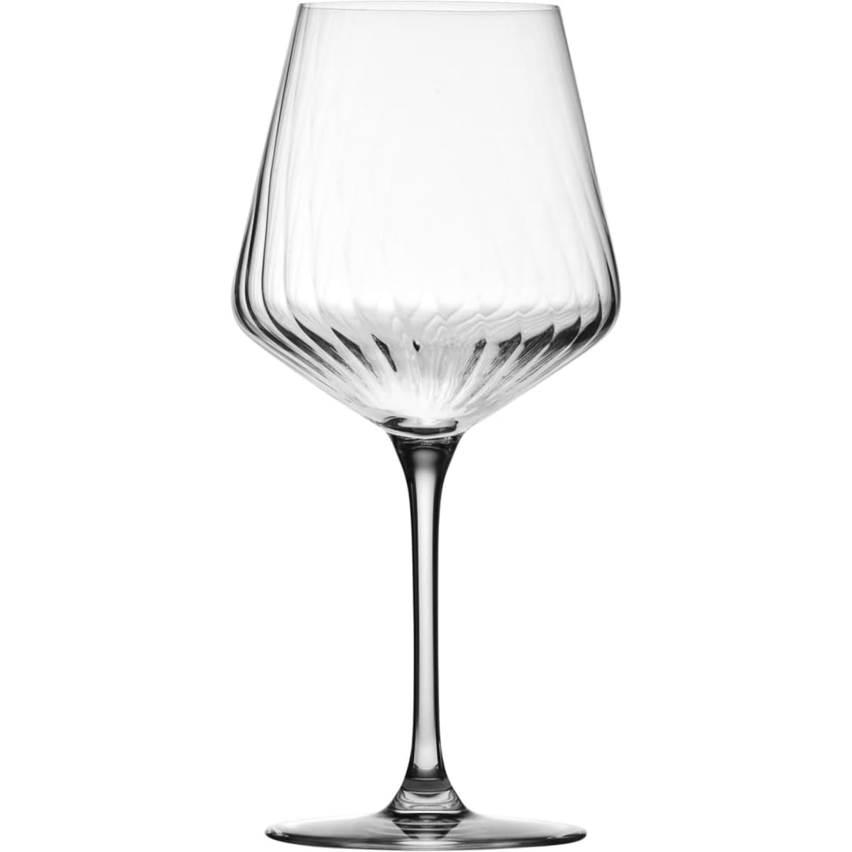 A wine glass with a unique ribbed design, featuring a clear glass body and a tall, elegant stem.