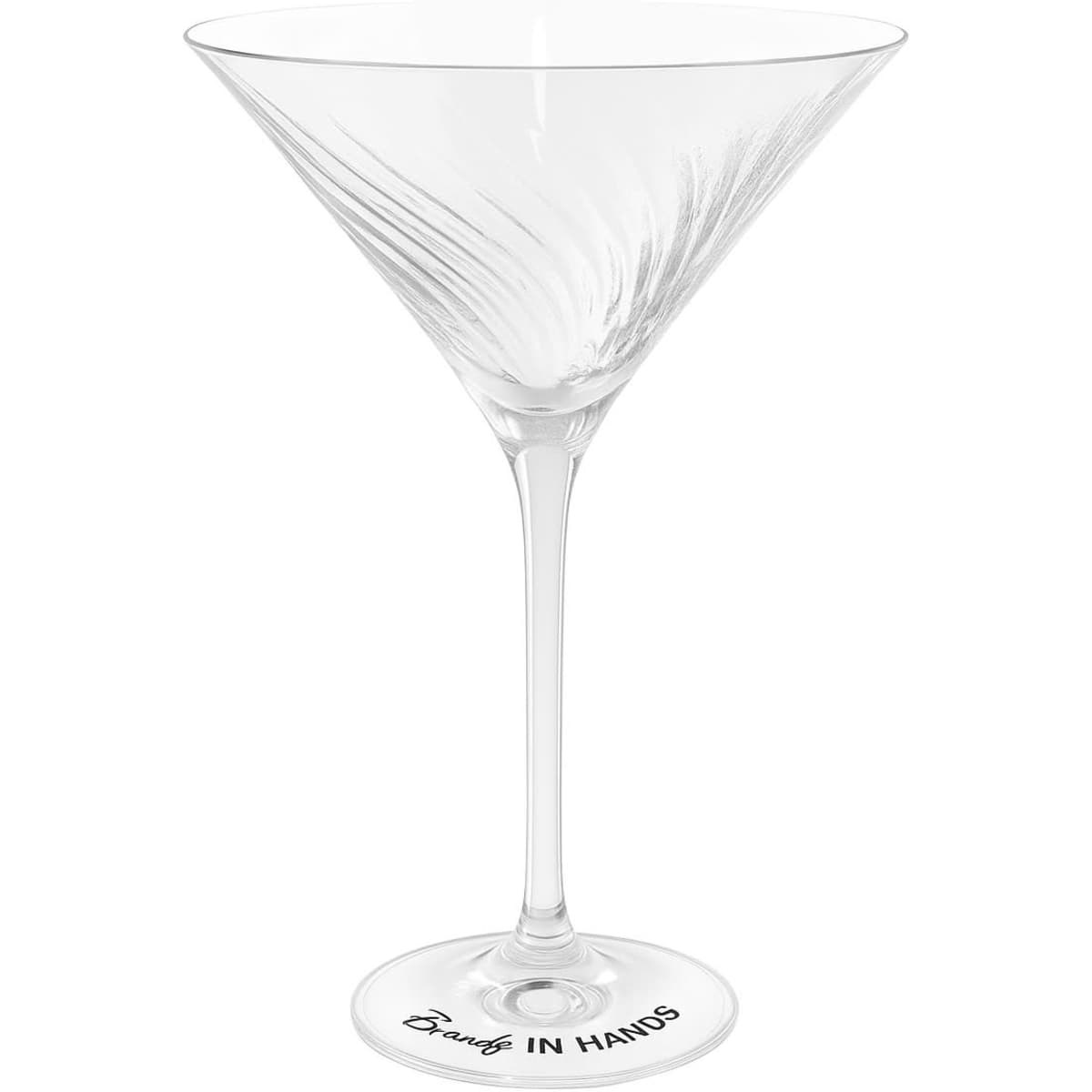 A martini glass set featuring six clear, elegantly shaped glasses with a swirl design and a branded base.