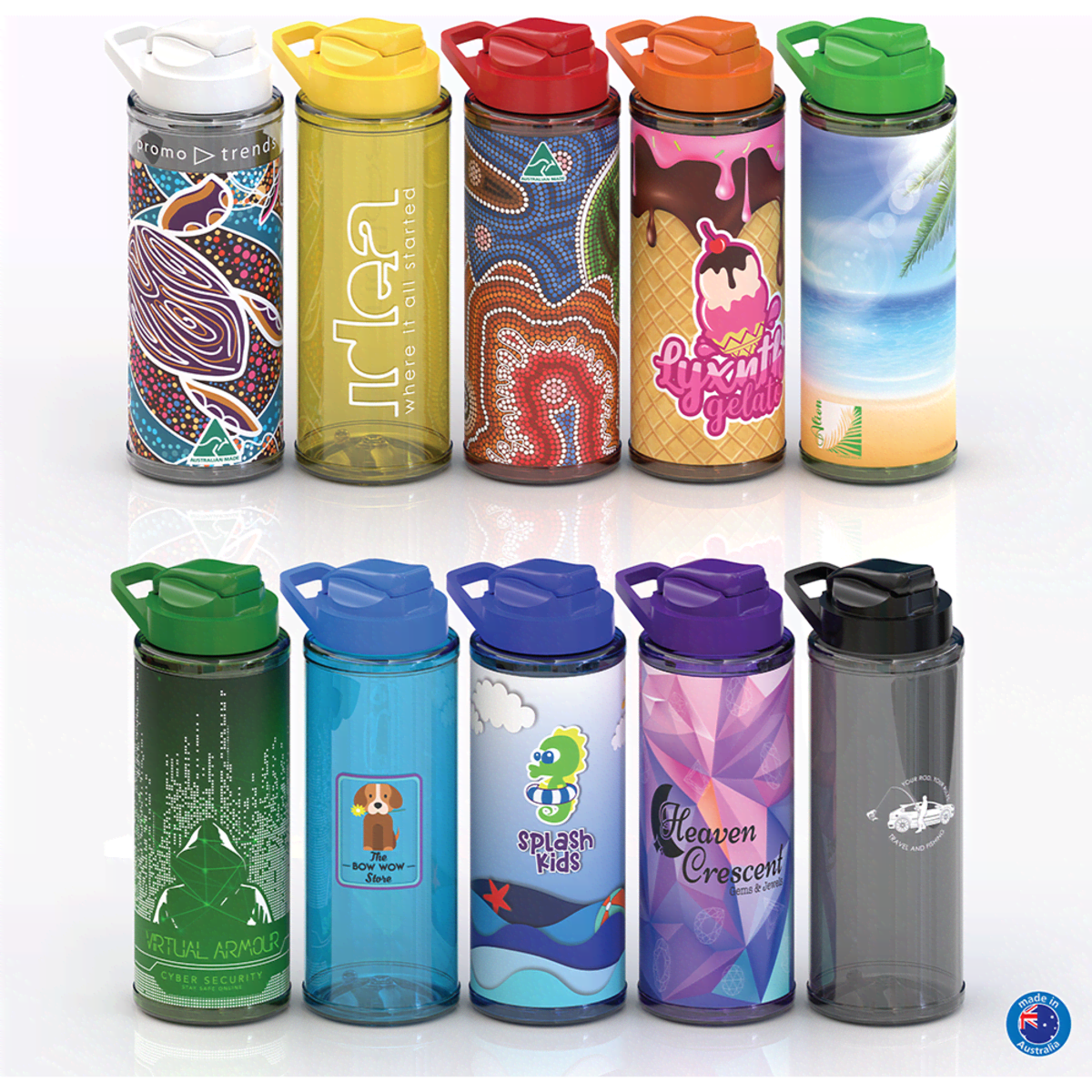 A collection of colourful drink bottles in various designs, featuring multiple vibrant hues and unique illustrations.