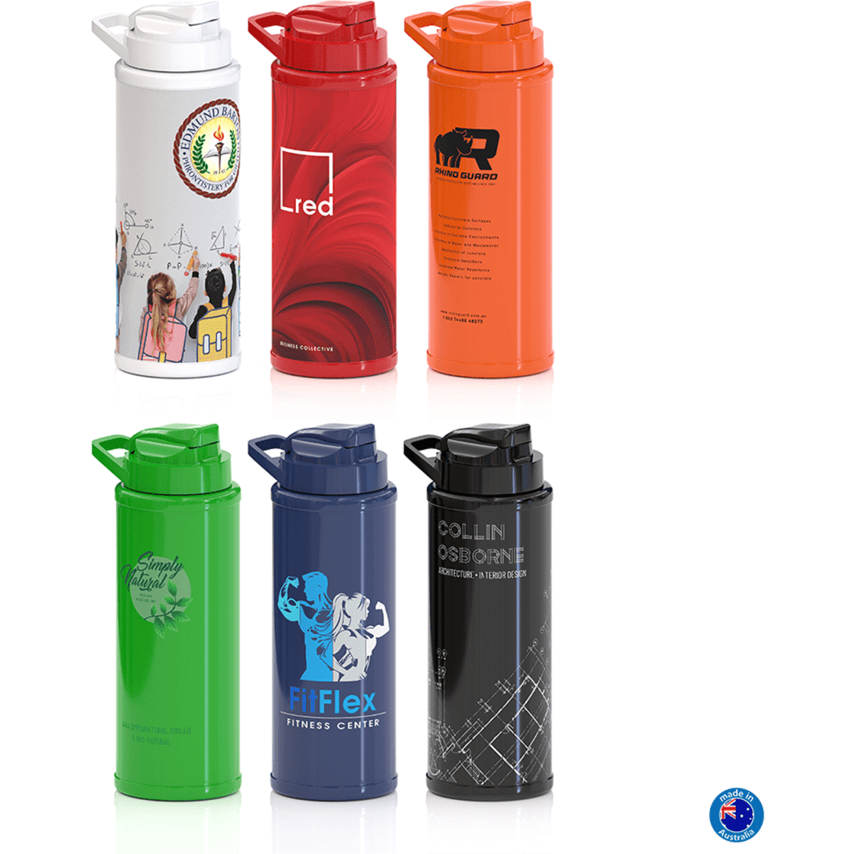 A drink bottle display featuring six Metro Sustain Bottles in red, orange, green, black, white, and blue, each with a logo.