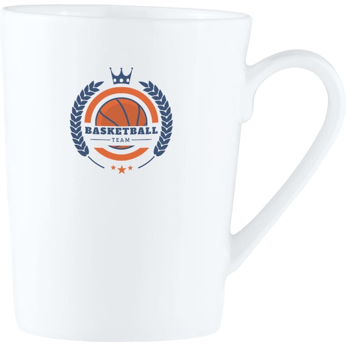 A tall, white bone china mug with a logo featuring a basketball design and decorative elements.