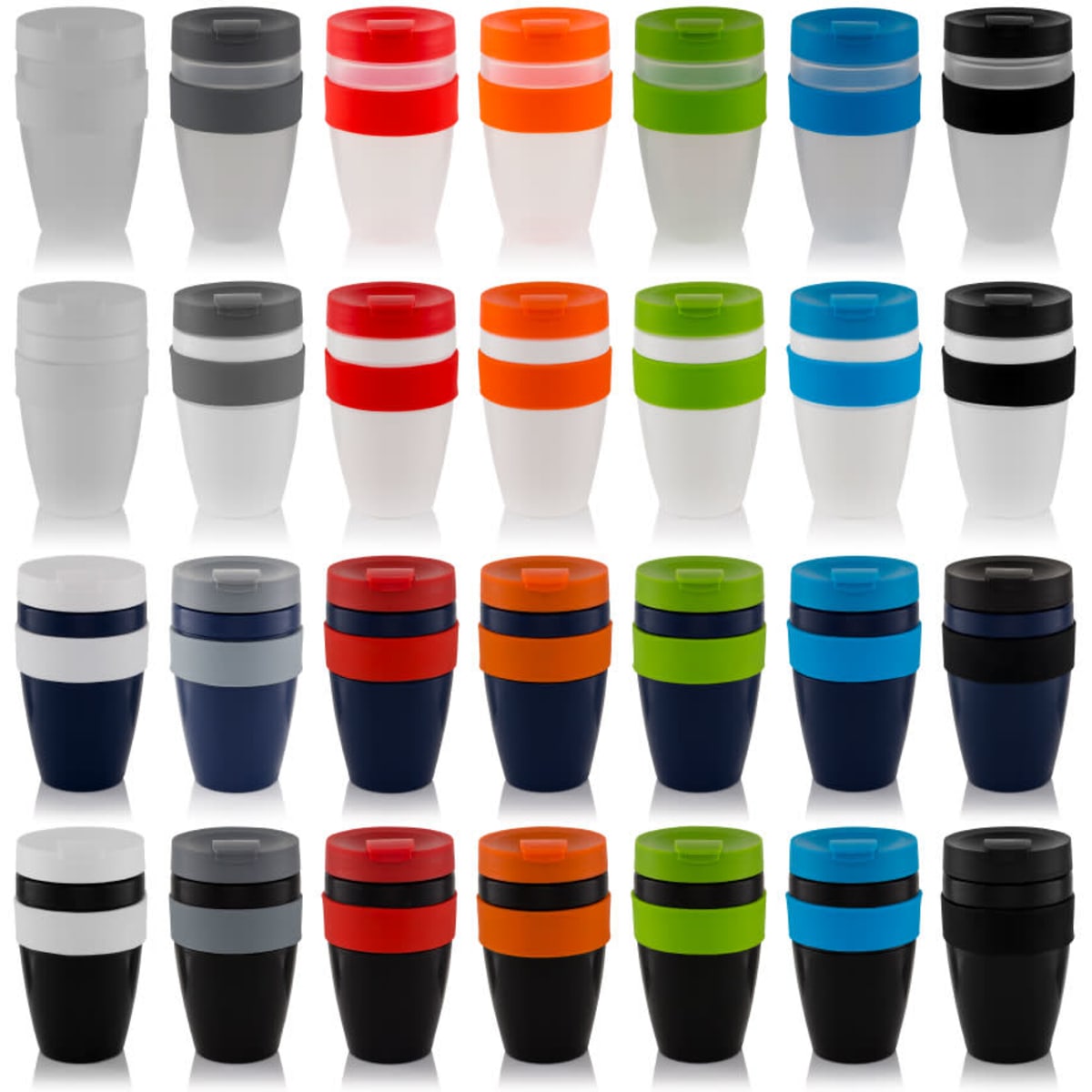 A collection of Mi-Cup Travel Mugs in various colours, featuring multiple designs and a logo on each mug.
